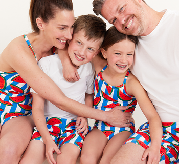 a family in watermelon printed swimwear. shop now a family in watermelon printed swimwear. shop now
