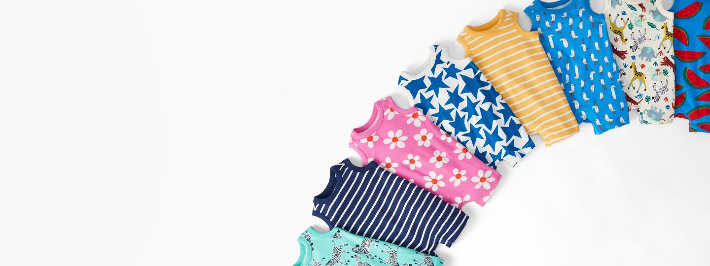 colorful baby rompers lay downs. shop now.