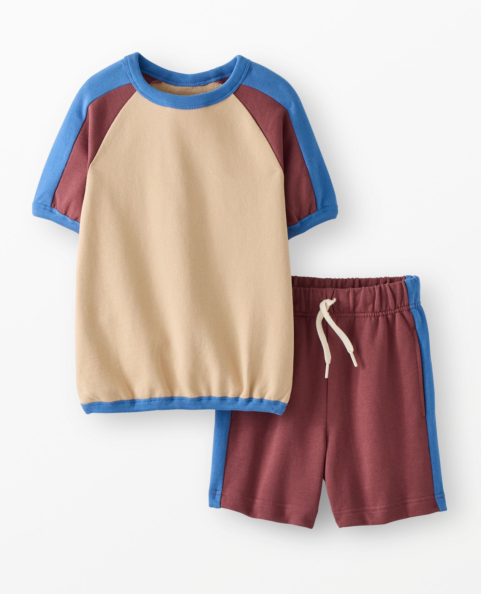Relaxed Fit French Terry T-Shirt & Shorts Set in Blue/Brown/Khaki Colorblock - main