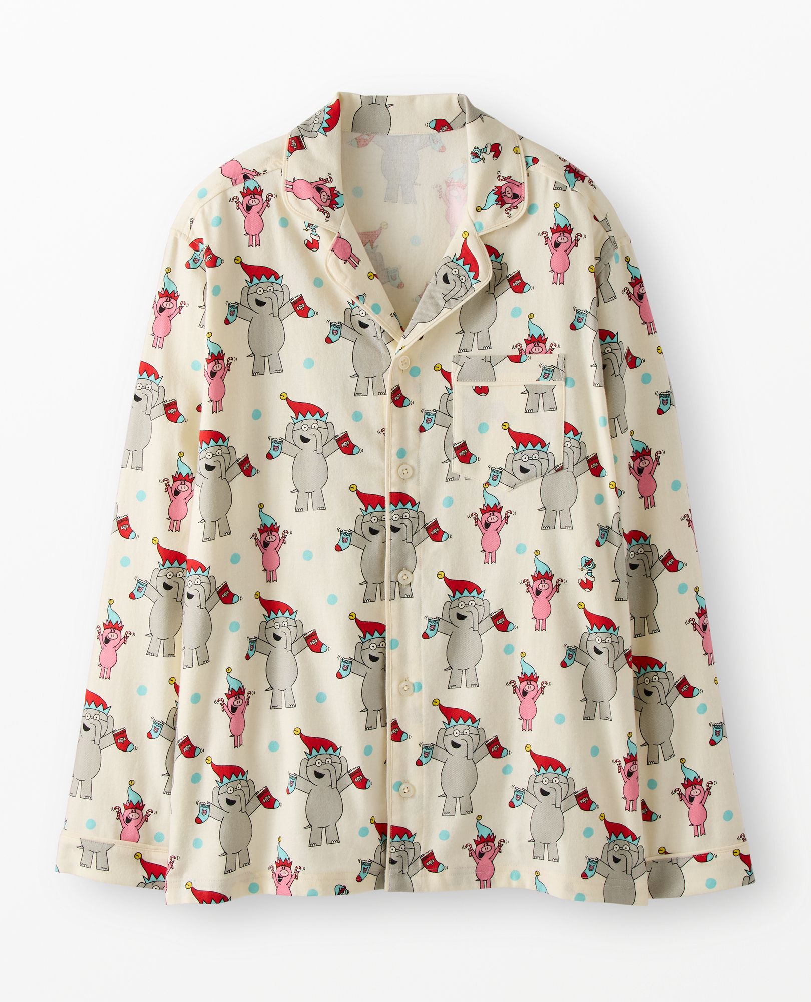 Adult Elephant & Piggie Holiday Flannel Pajama Top in Hidden Pigeon Holiday - main
