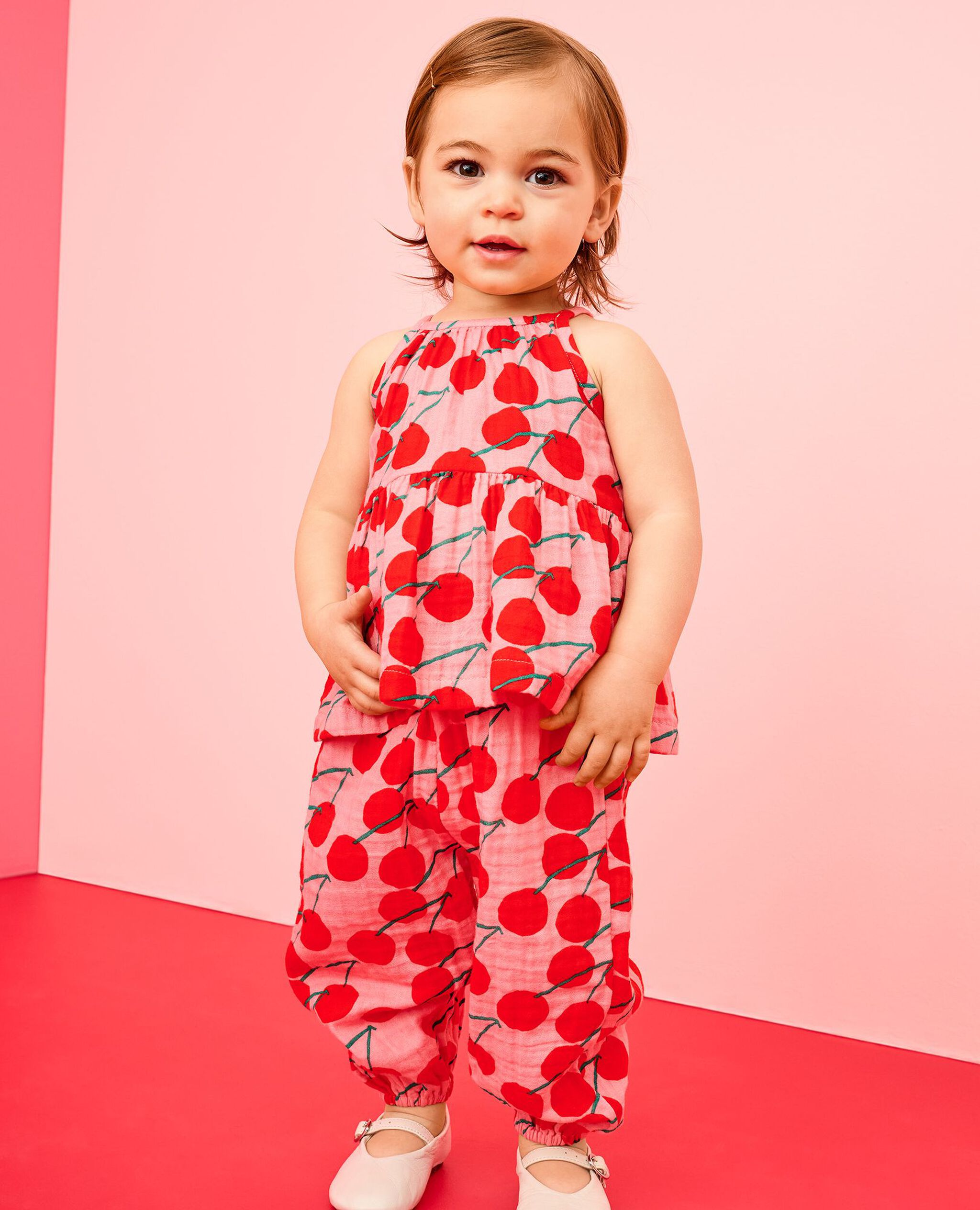 Baby Sleeveless Muslin Top & Balloon Pants Set in Summer Cherries - main