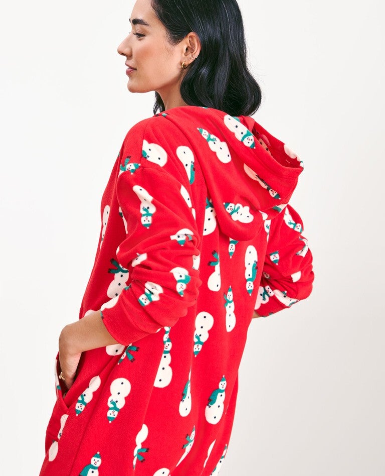 Adult Holiday Fleece Hooded Jumpsuit in Snowmen on Red - main