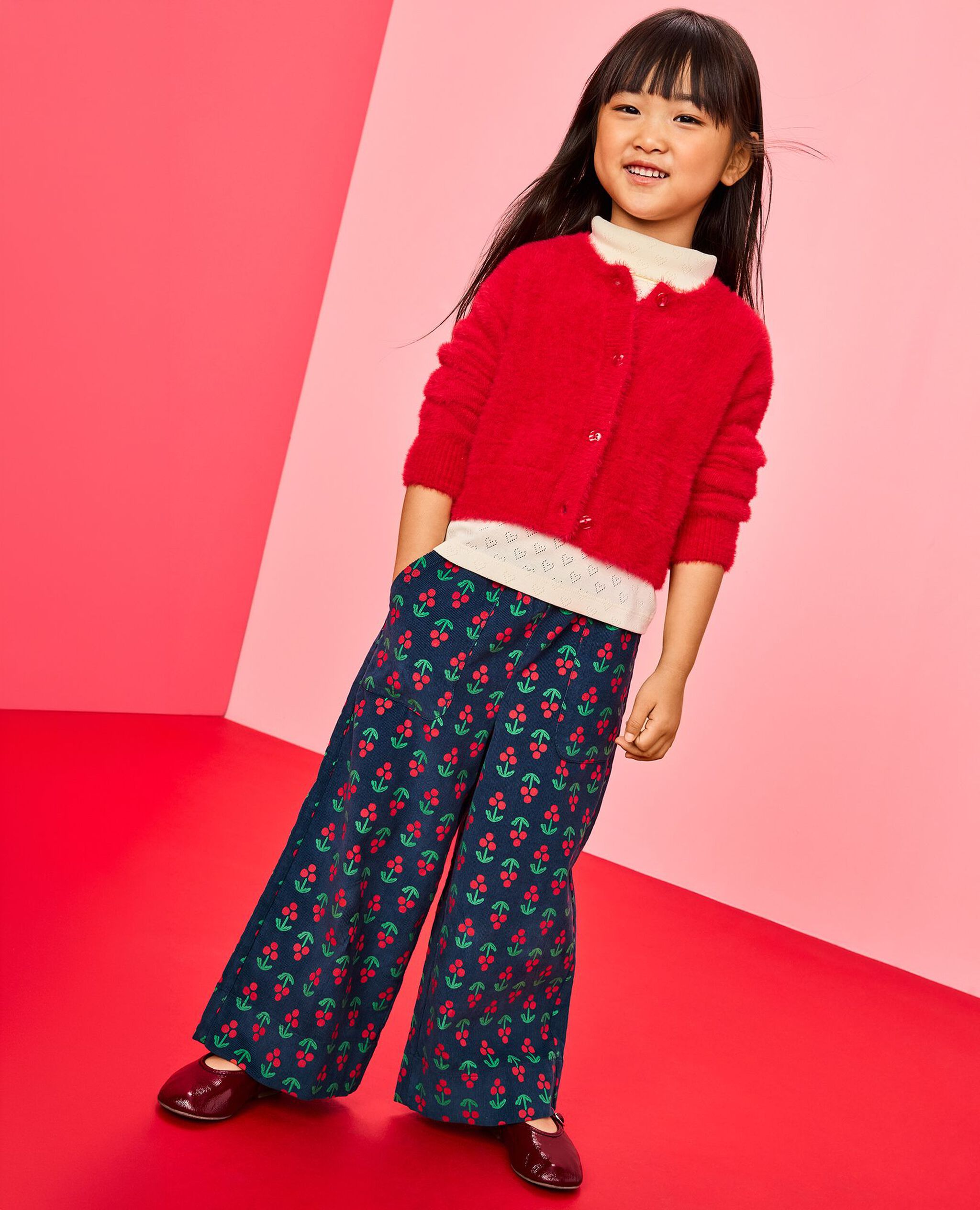 Corduroy Wide Leg Pants in Holly Berries on Midnight Blue - main