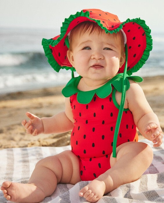 Girls' Super Strawberries Baby Swimsuit & Floppy Sun Hat Set - Size Toddler 18-24 mos by Hanna Andersson
