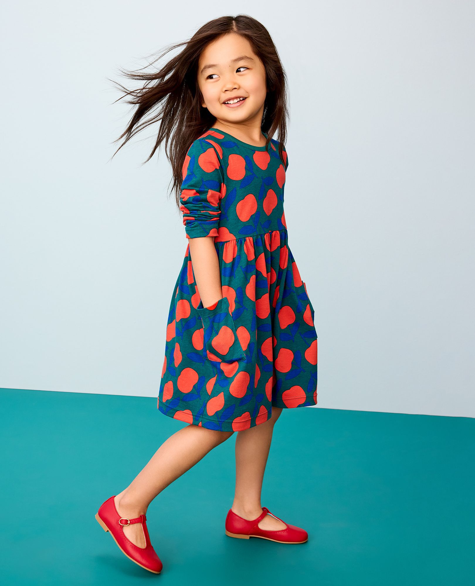 Long Sleeve Playground Dress with Pockets in Red Apples on Everglade - main