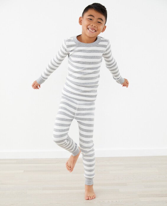 Toddler Striped Long John Pajama Set In Heather Grey & Hanna White - 100% Cotton - Size 2 by Hanna Andersson