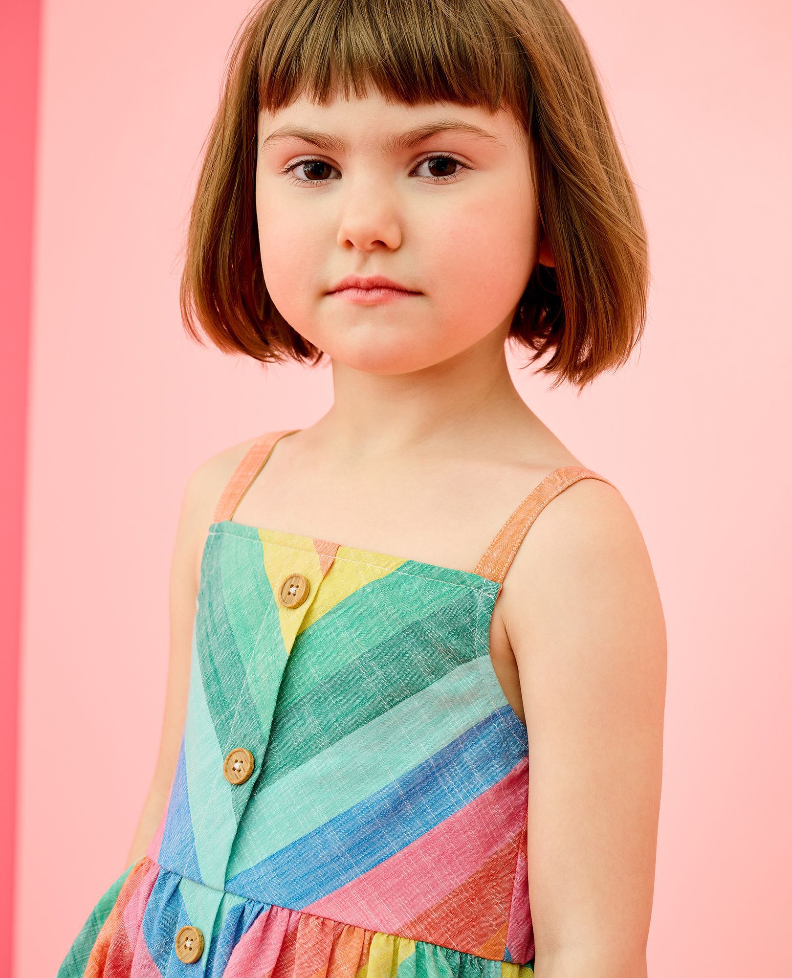 Sleeveless Poplin Midi Dress with Pockets in Bright Rainbow Stripe - main