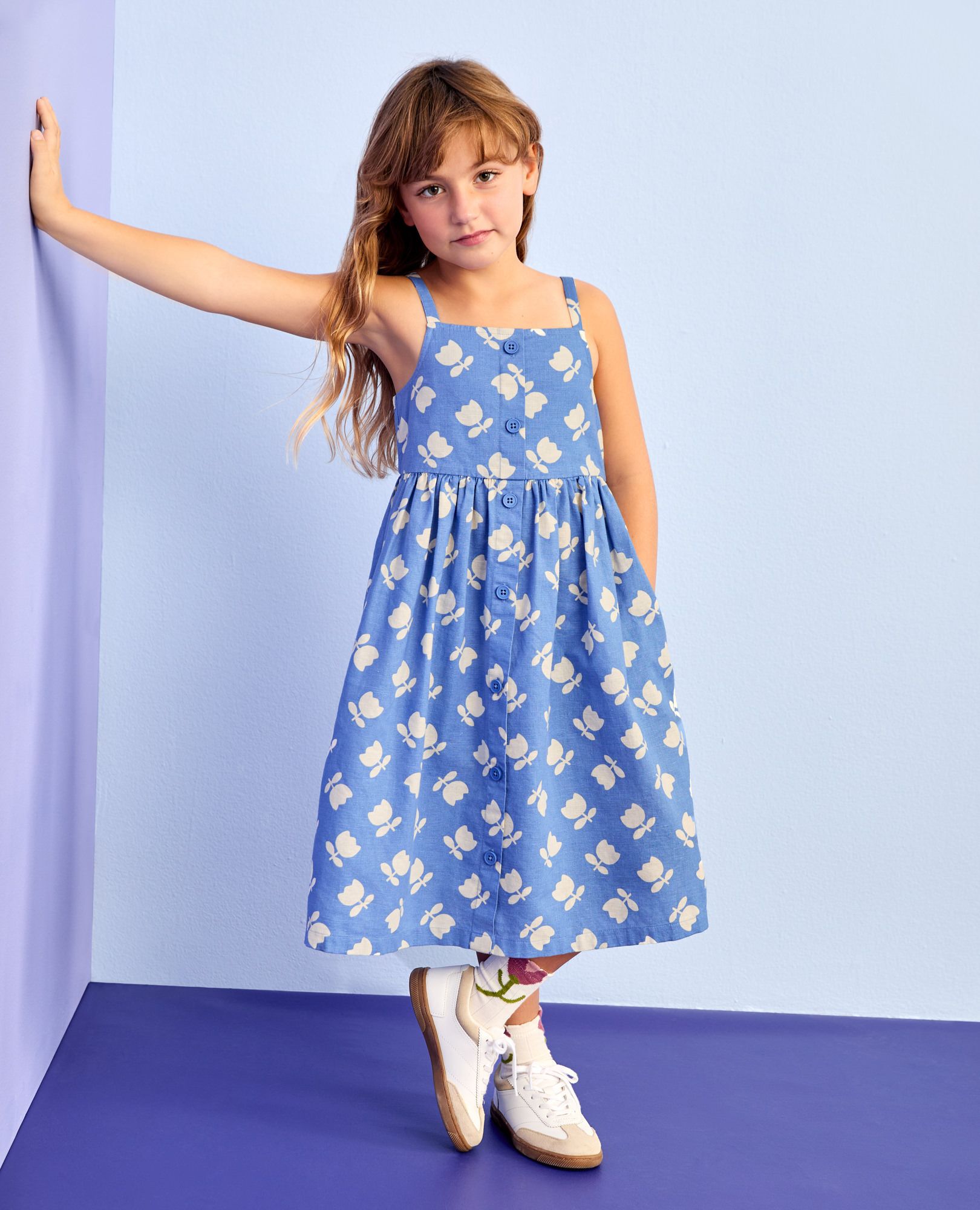 Sleeveless Linen Midi Dress with Pockets in Tossed Tulips on Blue - main