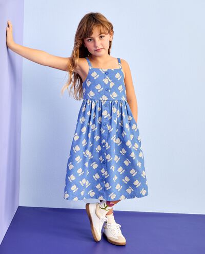 Sleeveless Linen Midi Dress with Pockets in Tossed Tulips on Blue - main