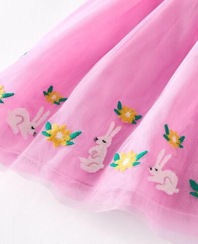 Baby Embroidered Tulle Skater Dress in Springtime Bunnies on Pink - main