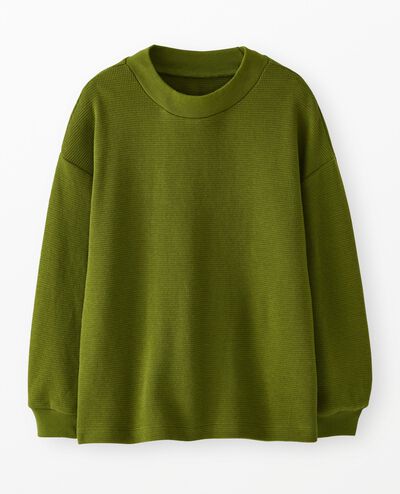 Long Sleeve Oversized Waffle Crewneck in Pine Green - main