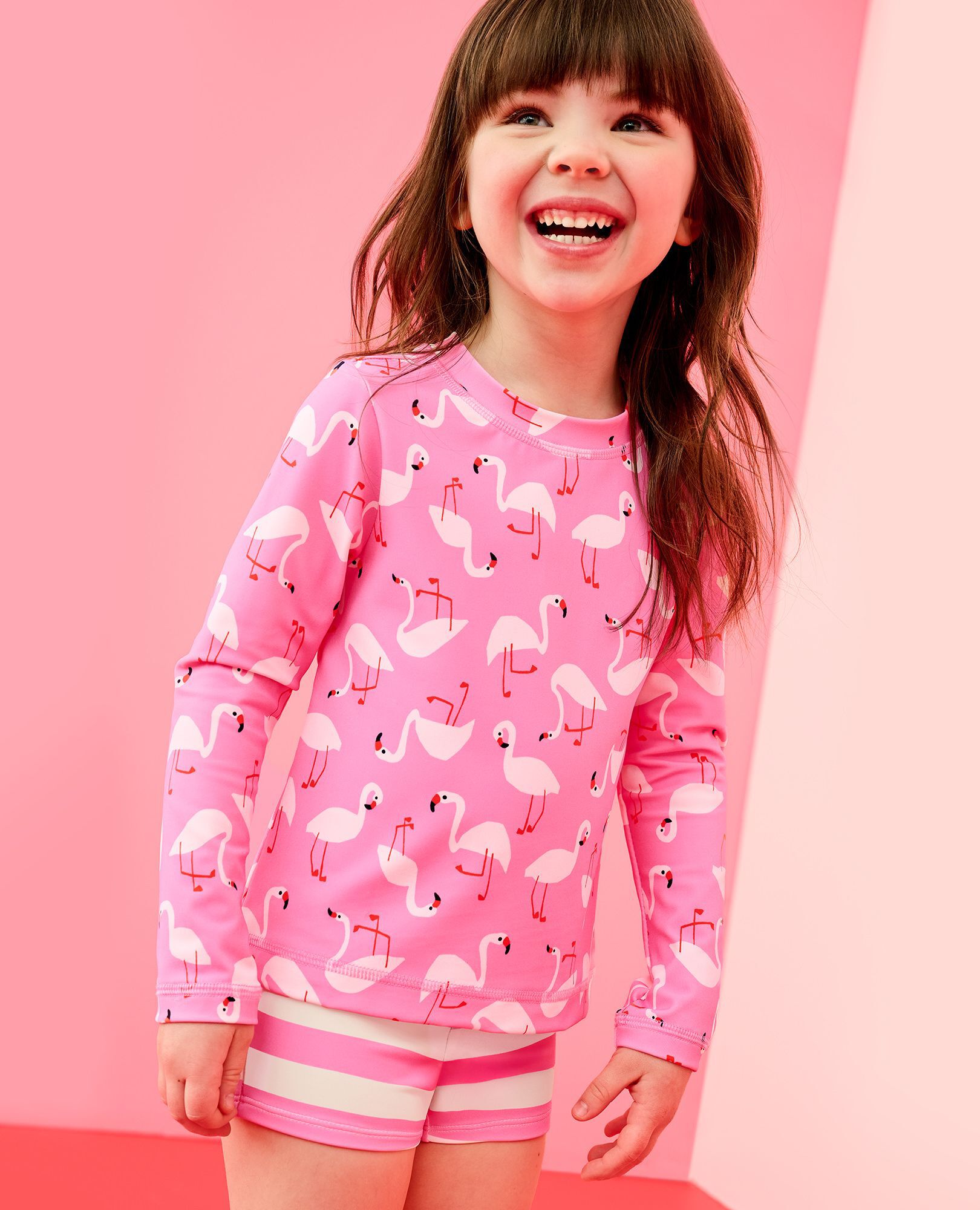 Rashguard Top & Shorts Set in Flamingos on Azalea Pink - main