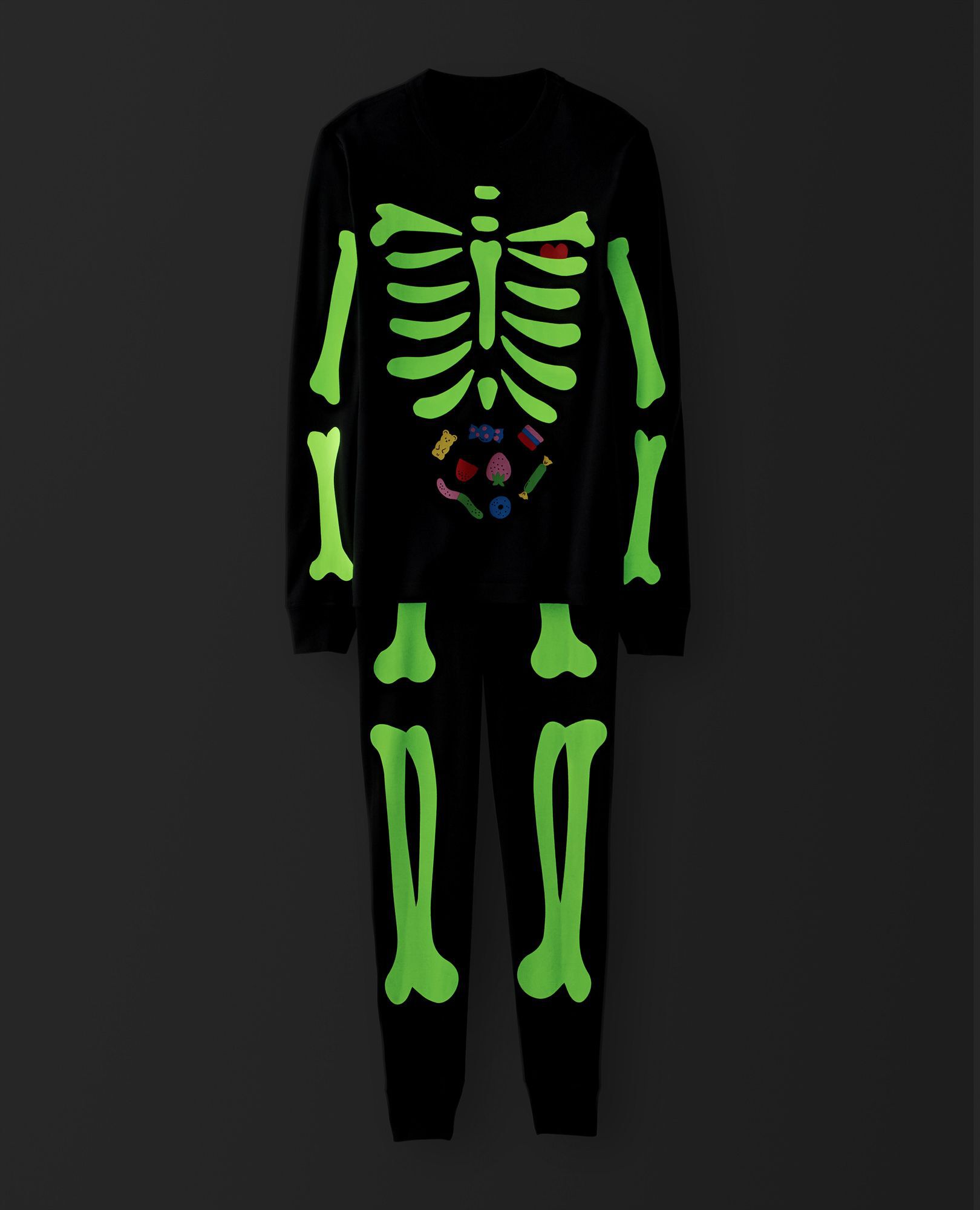 Adult Halloween Glow-in-the-Dark Long John Pajama Set in Skeleton - main
