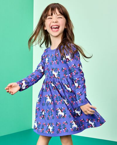Long Sleeve Everywhere Dress with Pockets in Magical Unicorn on Violet Storm - main