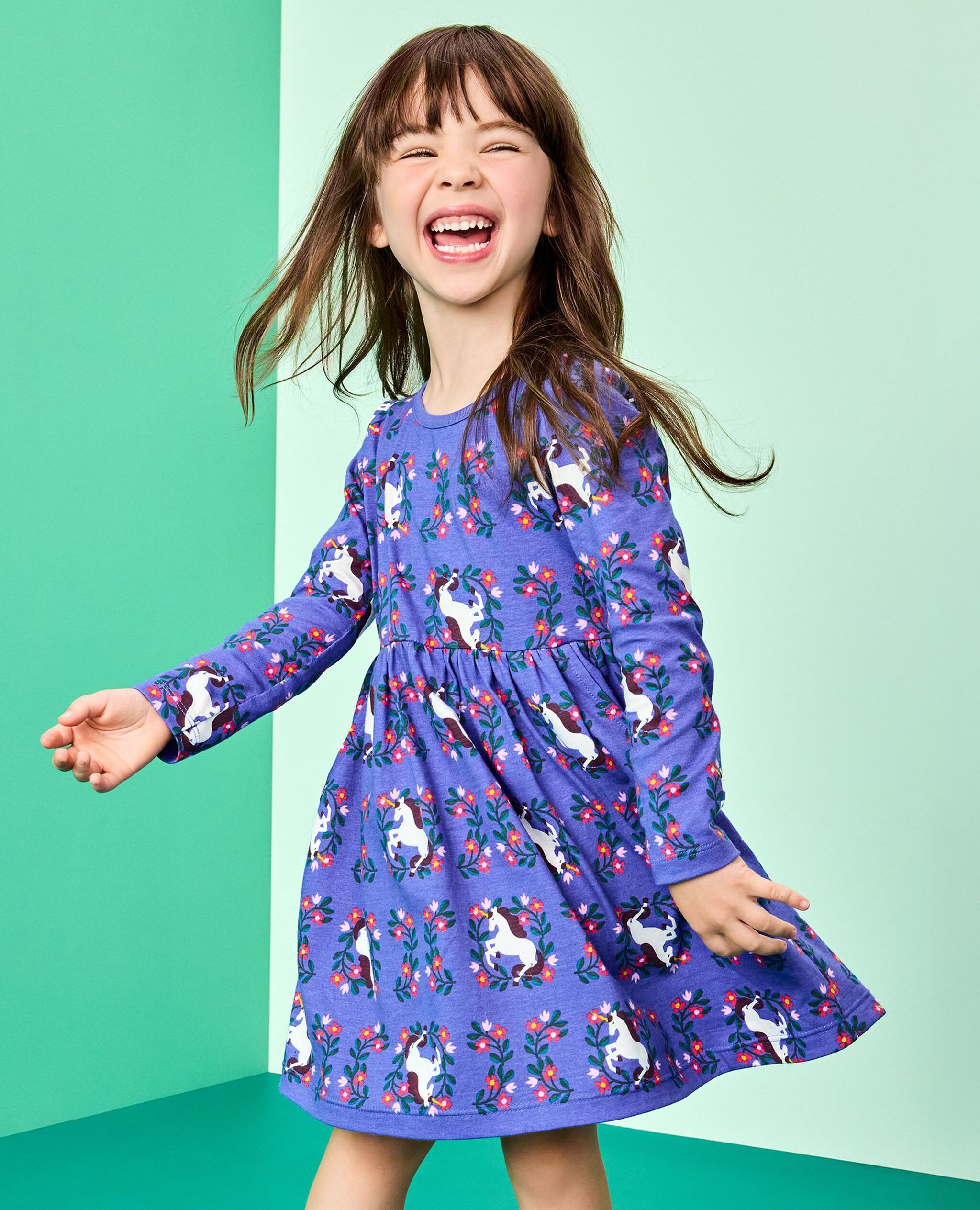 Long Sleeve Everywhere Dress with Pockets in Magical Unicorn on Violet Storm - main