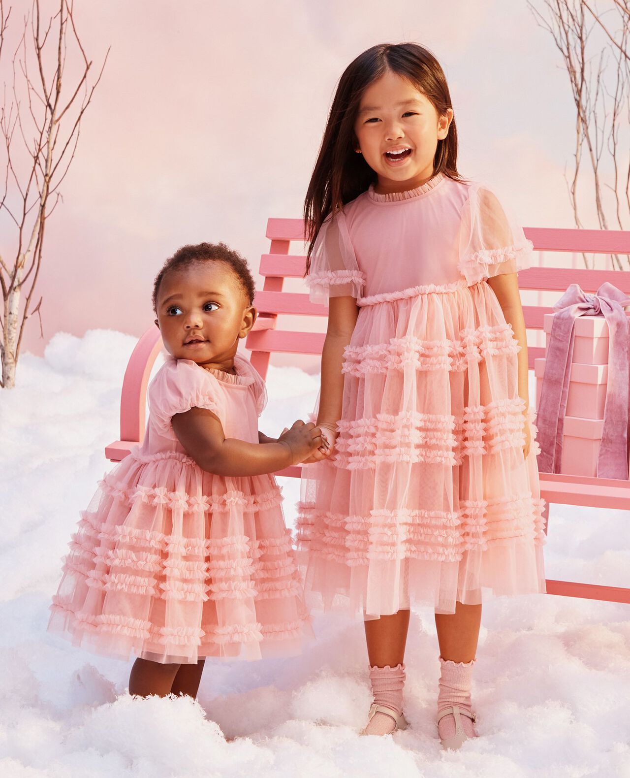 Flutter Sleeve Tulle Ruffle Dress in Pink - main