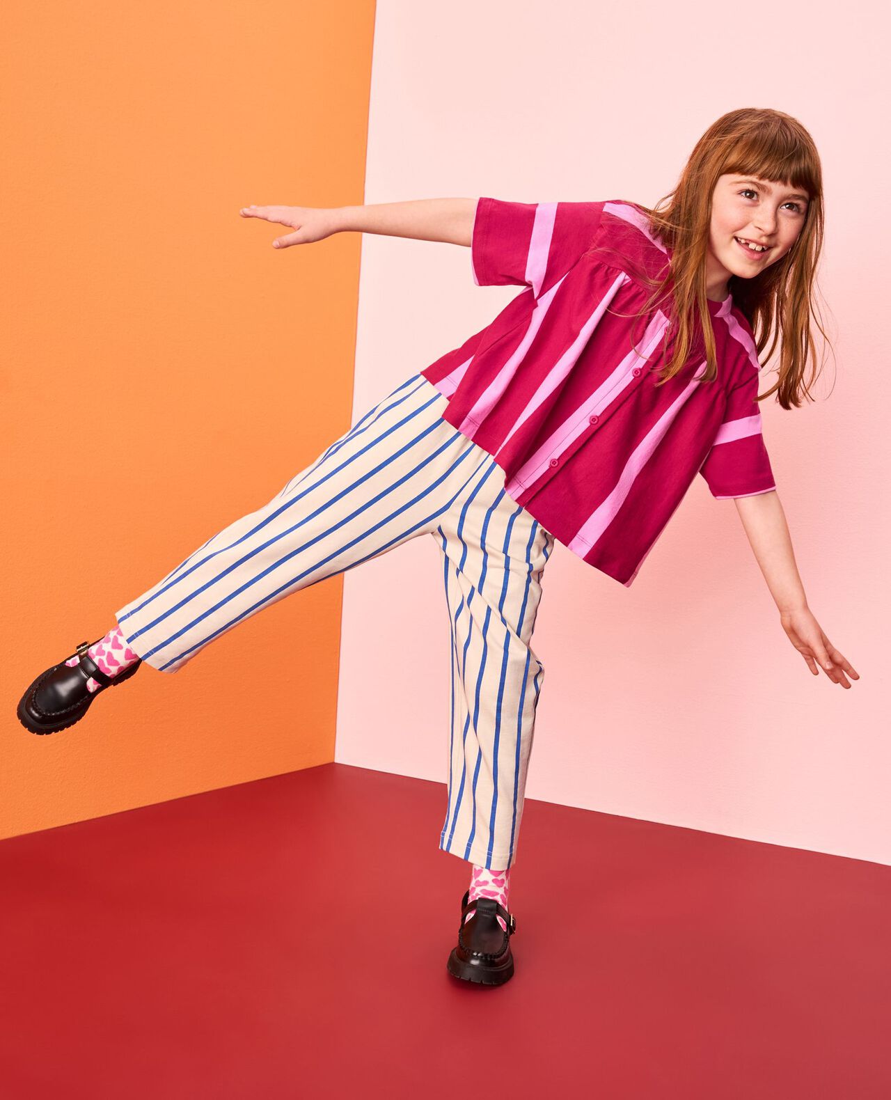 Striped Button Front Shirt in Raspberry/Fuchsia Pink - main