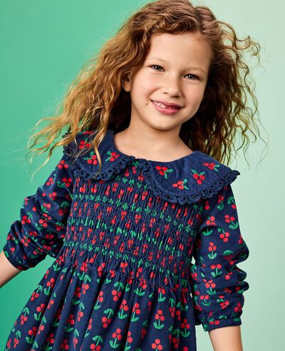 Embroidered Corduroy Dress with Pockets in Holly Berries on Midnight Blue - main