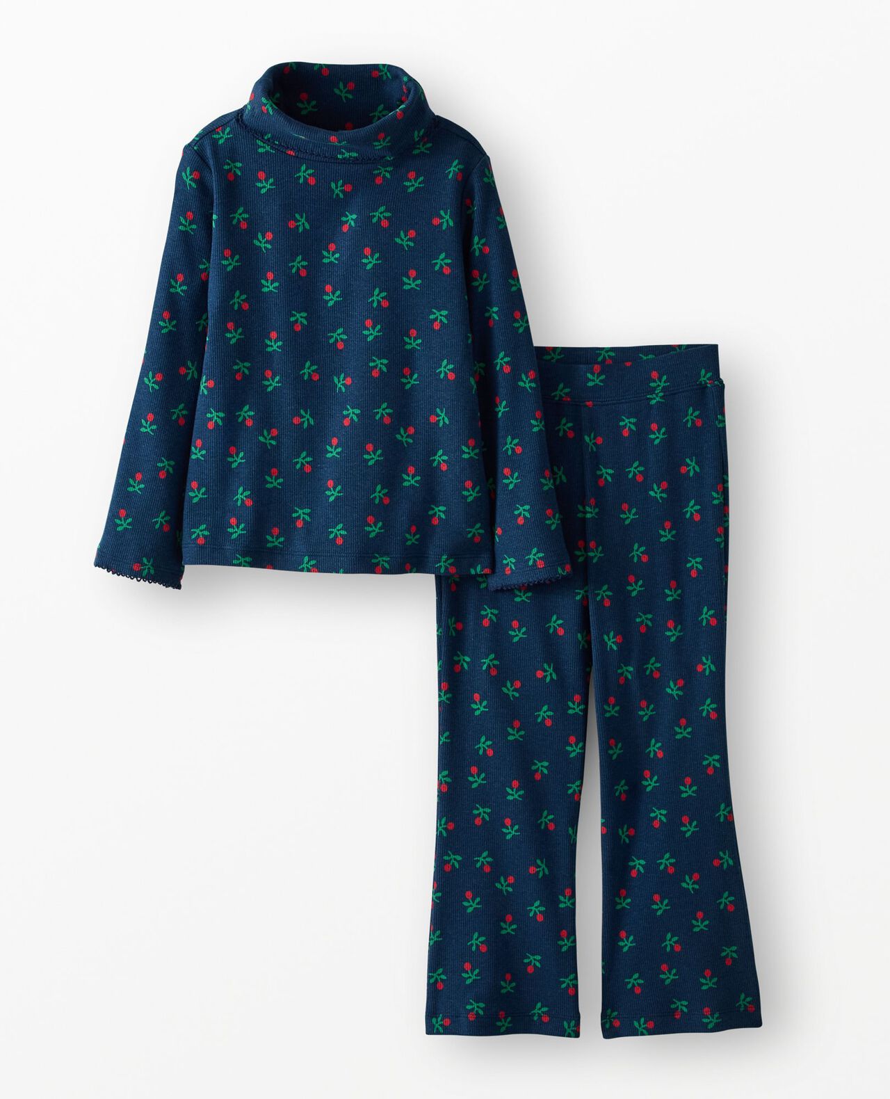 Long Sleeve Turtleneck Top & Flare Pants Set in Sweet Holiday Floral on Midnight Blue - main