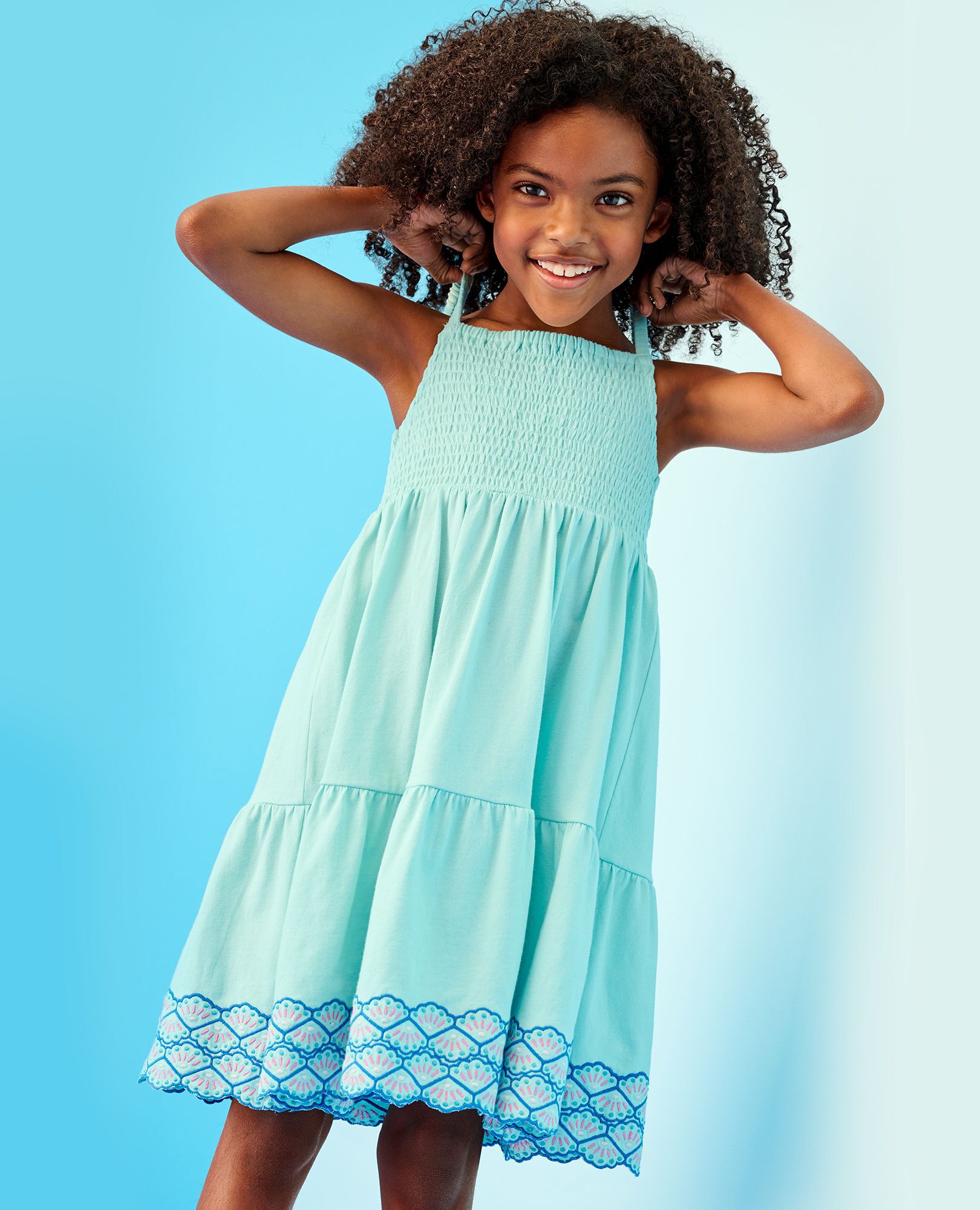 Sleeveless Smocked Tiered Dress in Seashells on Feather Blue - main