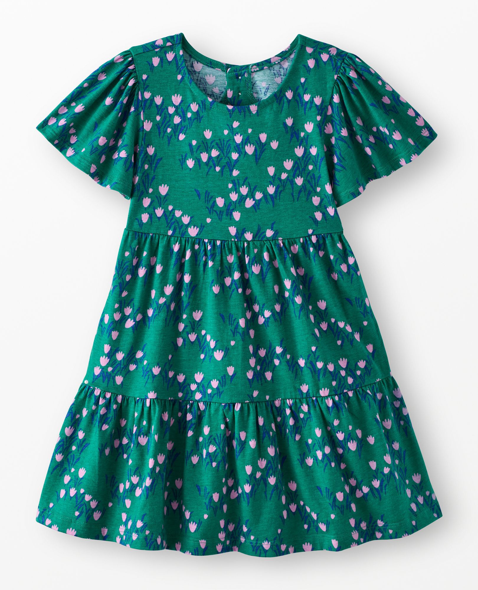 Flutter Sleeve Tiered Dress with Pockets in Wildflowers on Green - main