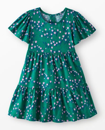 Flutter Sleeve Tiered Dress with Pockets in Wildflowers on Green - main
