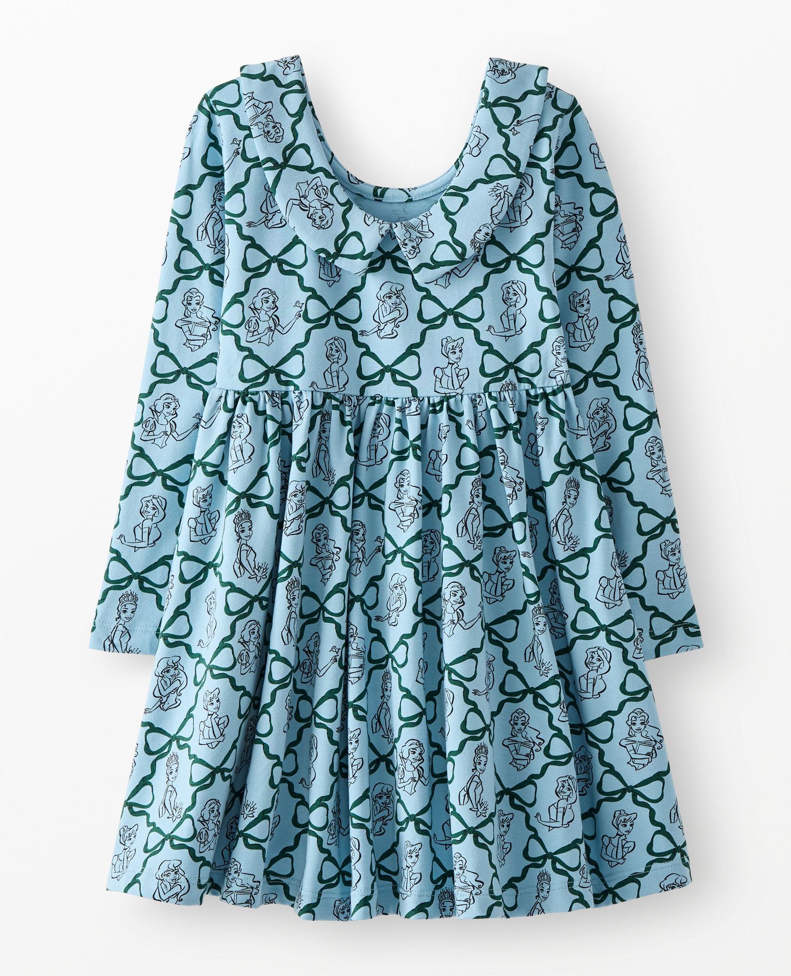 Disney Princess Holiday Long Sleeve Collared Skater Dress with Pockets in Princess Bows - Blue - main