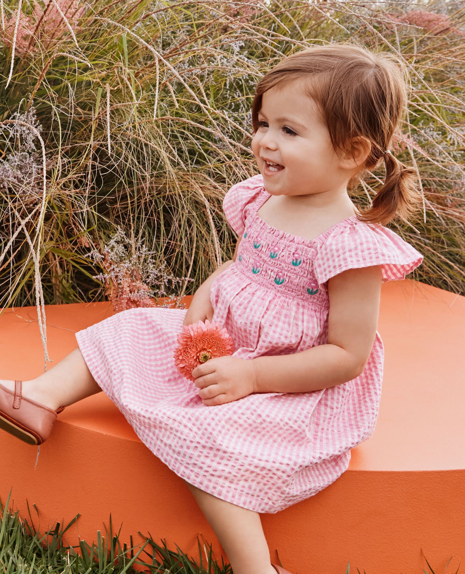 Baby Flutter Sleeve Seersucker Dress & Bloomers Set in Pink Gingham - main