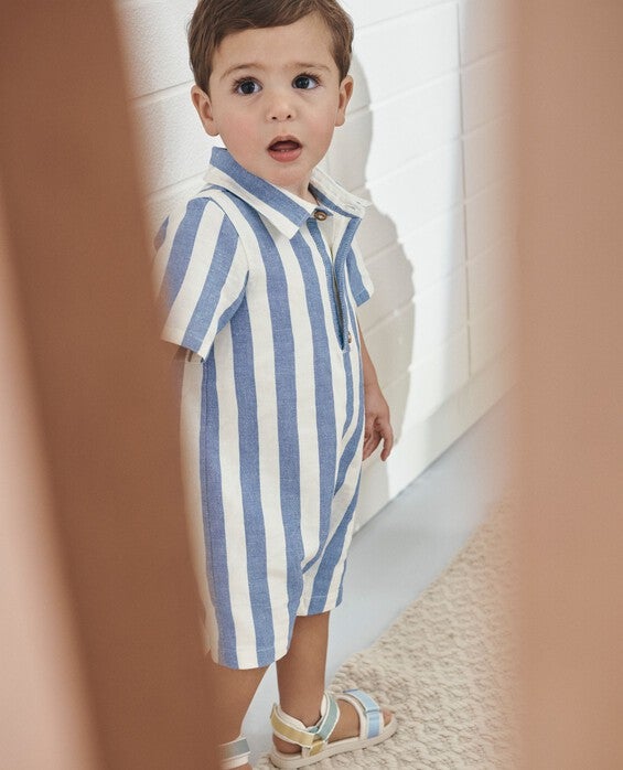 Girls' & Boys' Dutch Blue & Ecru Baby Linen Romper in 100% Cotton - Size Toddler 3 by Hanna Andersson