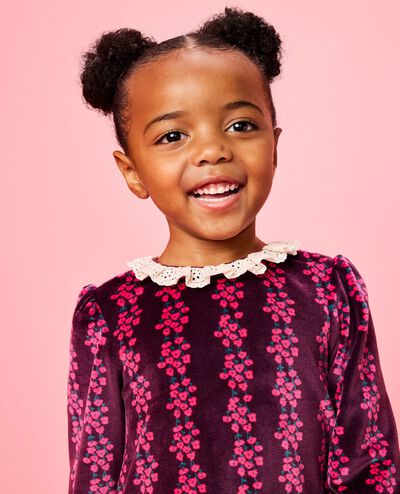 Long Sleeve Collared Velour Swing Dress in Flower Rows on Currant Purple - main