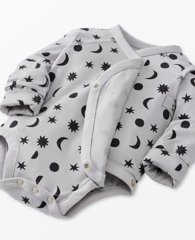 Baby Layette  Wrap Top & Wiggle Pants in HannaSoft™ in Stars and Moon Tonal on Grey - main