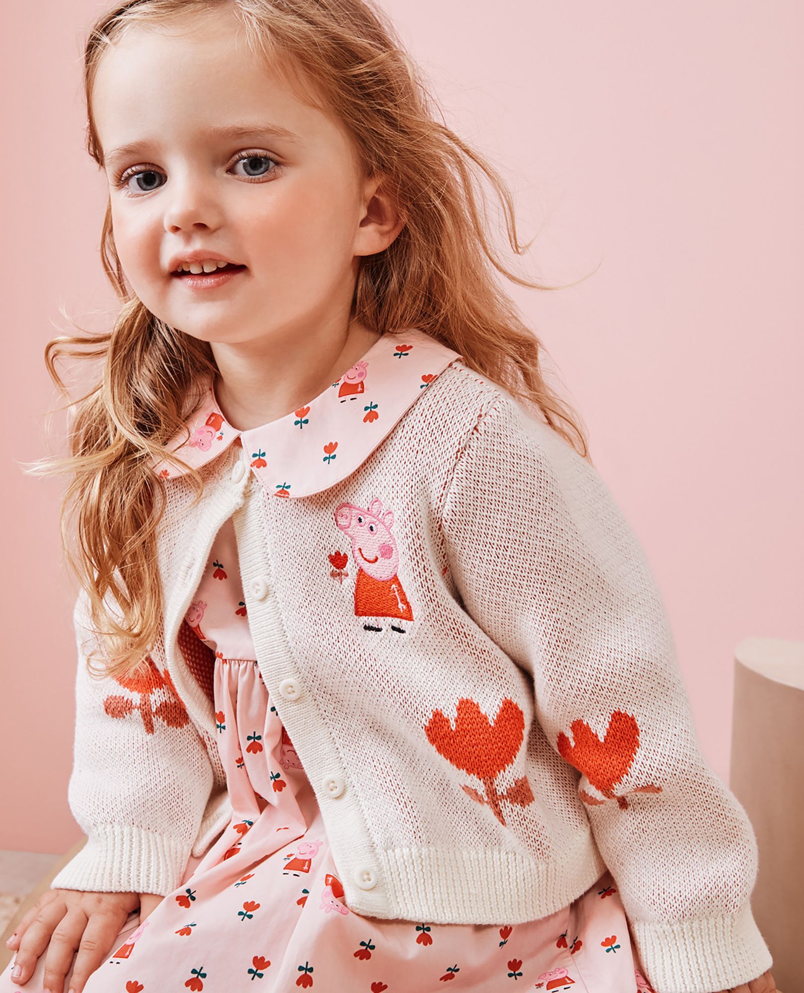 Peppa Pig Cardigan Sweater in Peppa Pig Big Tulips on Ecru - main