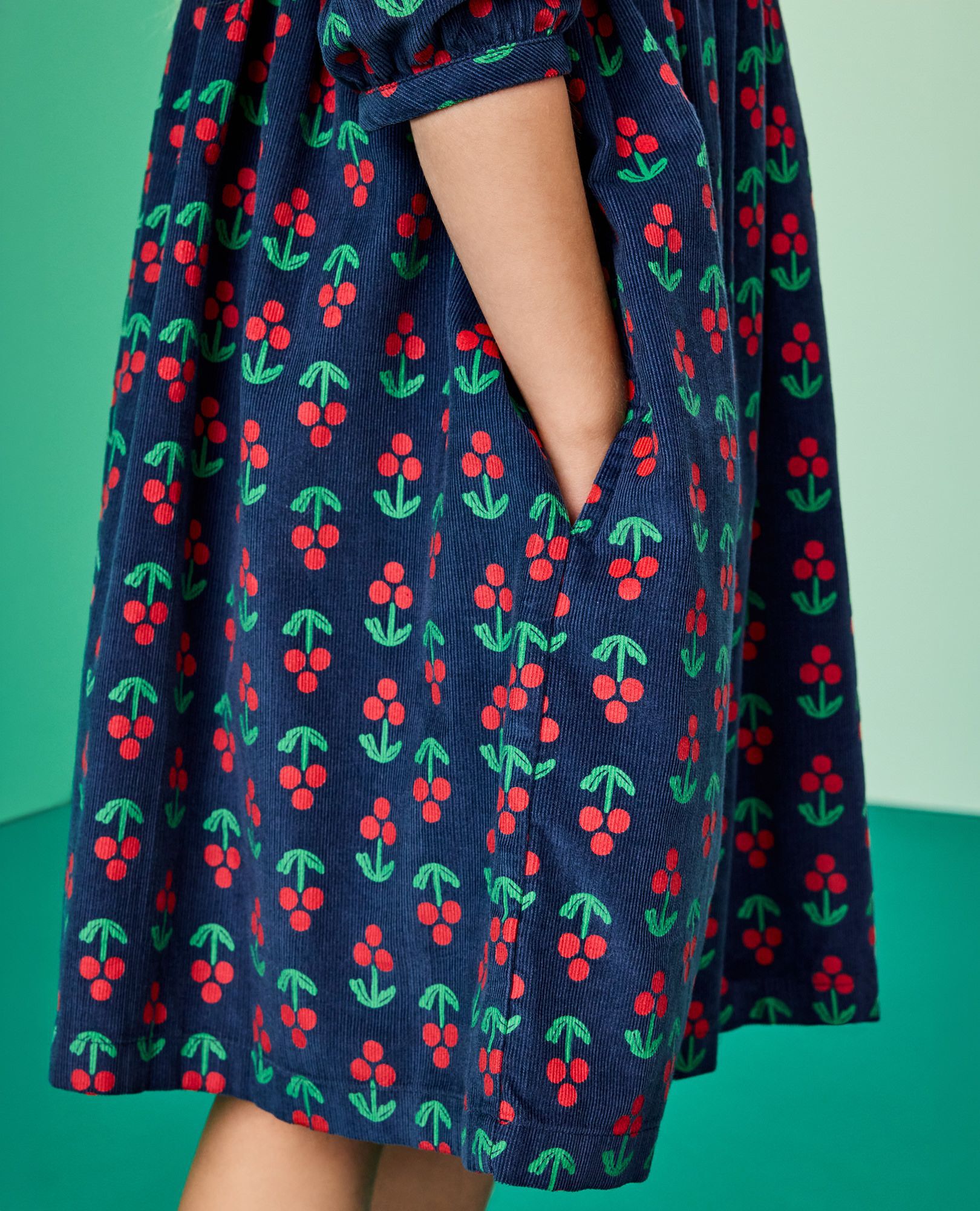 Embroidered Corduroy Dress with Pockets in Holly Berries on Midnight Blue - main