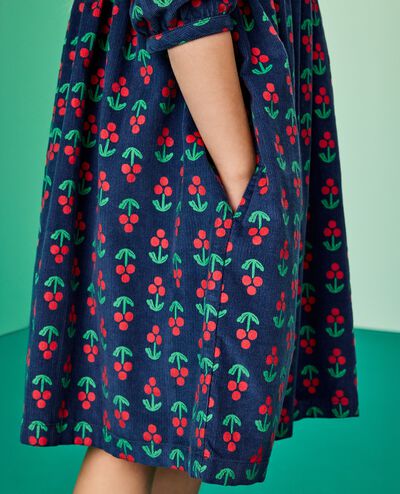 Embroidered Corduroy Dress with Pockets in Holly Berries on Midnight Blue - main