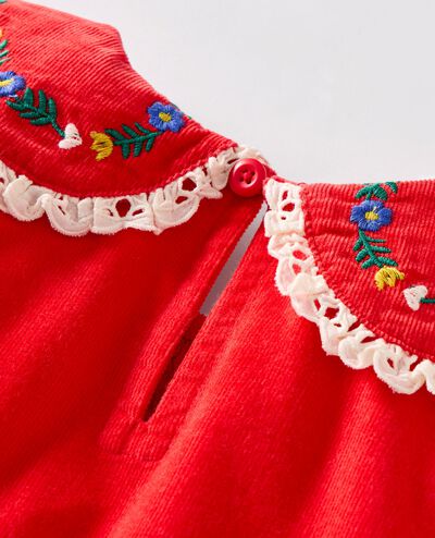 Embroidered Corduroy Dress with Pockets in Holiday Red - main