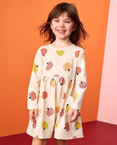 Halloween Long Sleeve Playground Dress with Pockets in Multi Pumpkins on Ecru - main