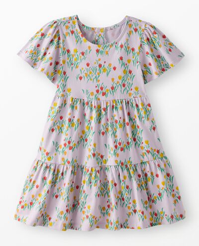 Flutter Sleeve Tiered Dress with Pockets in Wildflowers on Purple - main