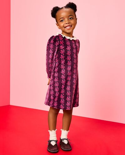 Long Sleeve Collared Velour Swing Dress in Flower Rows on Currant Purple - main