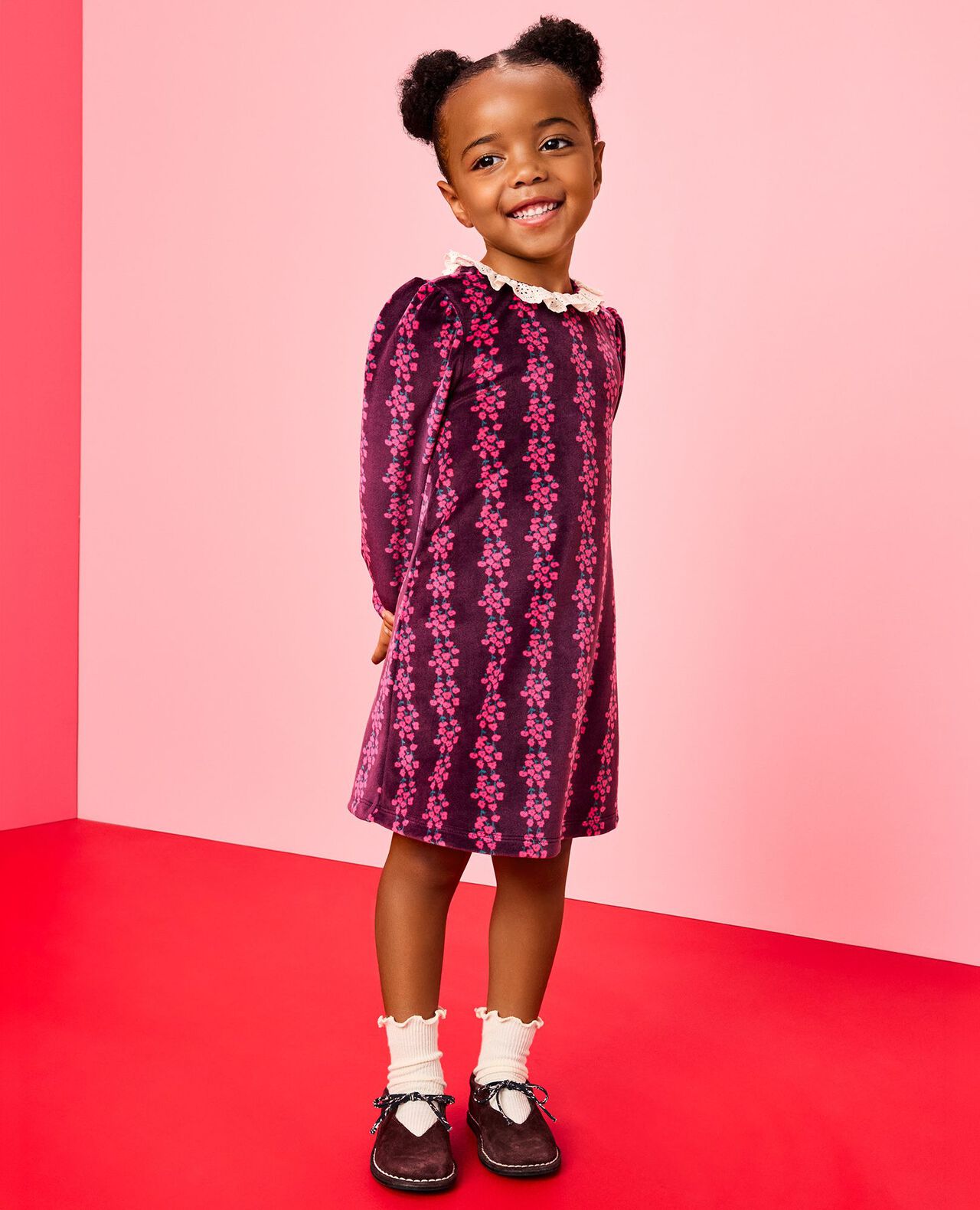 Long Sleeve Collared Velour Swing Dress in Flower Rows on Currant Purple - main