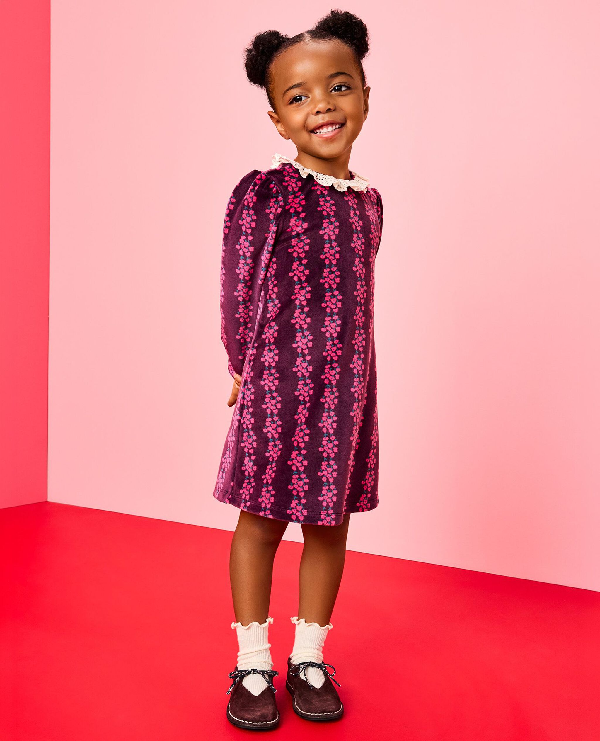 Long Sleeve Collared Velour Swing Dress in Flower Rows on Currant Purple - main