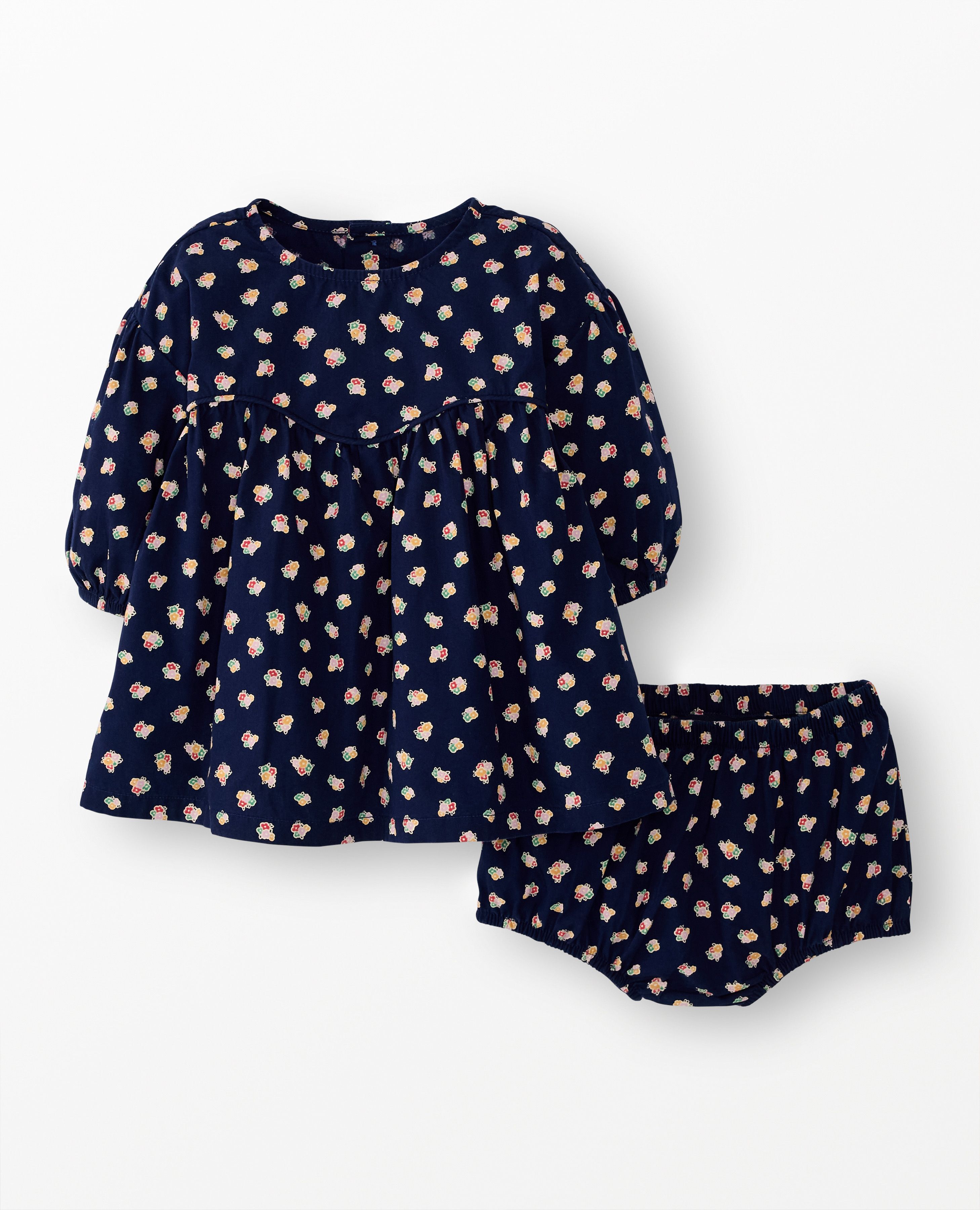 Baby Long Sleeve Poplin Dress & Bloomers Set in Flower Bunch on Navy - main