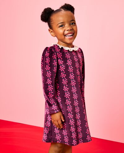 Long Sleeve Collared Velour Swing Dress in Flower Rows on Currant Purple - main