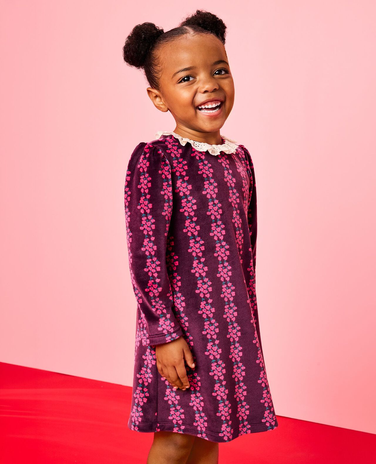 Long Sleeve Collared Velour Swing Dress in Flower Rows on Currant Purple - main