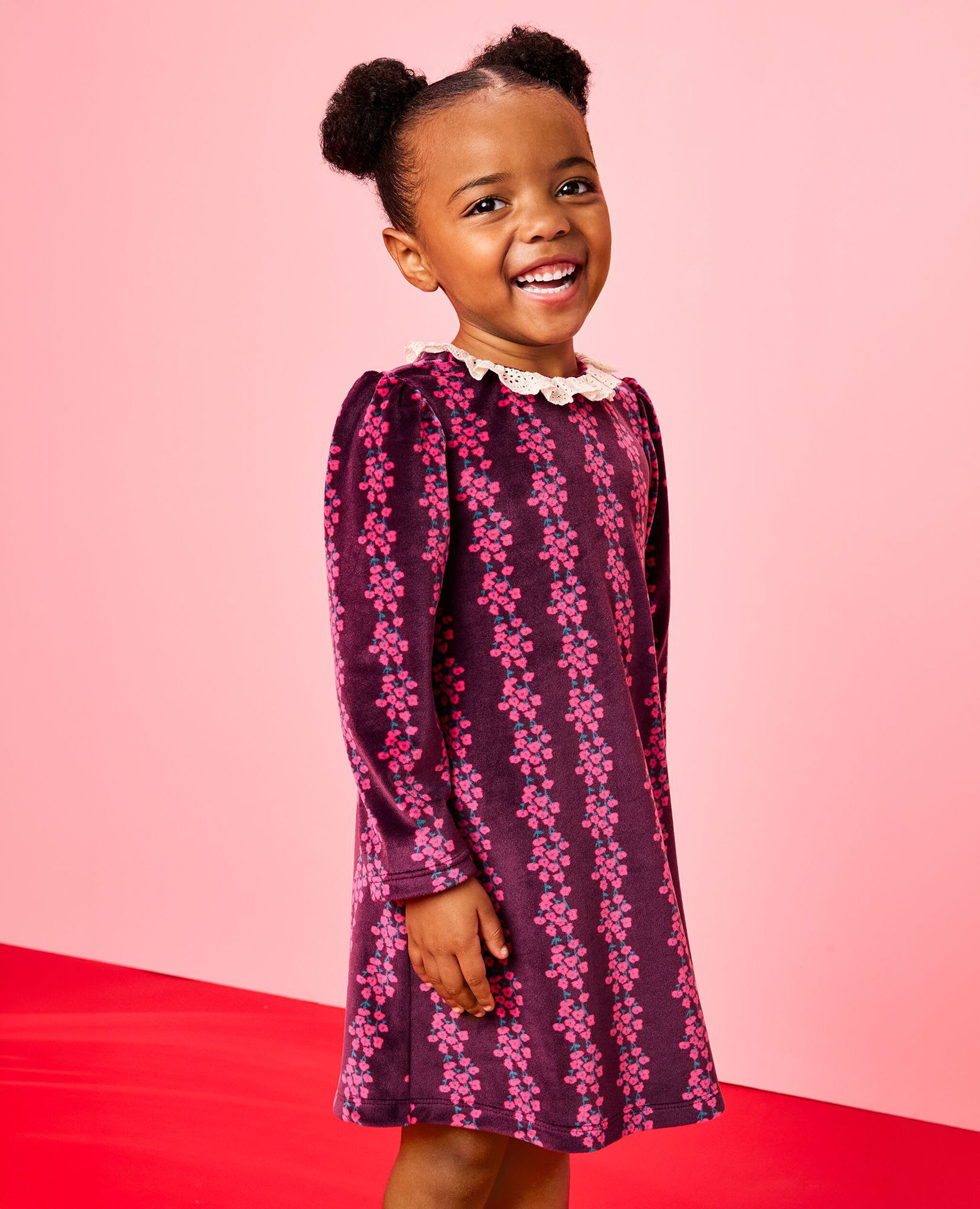Long Sleeve Collared Velour Swing Dress in Flower Rows on Currant Purple - main