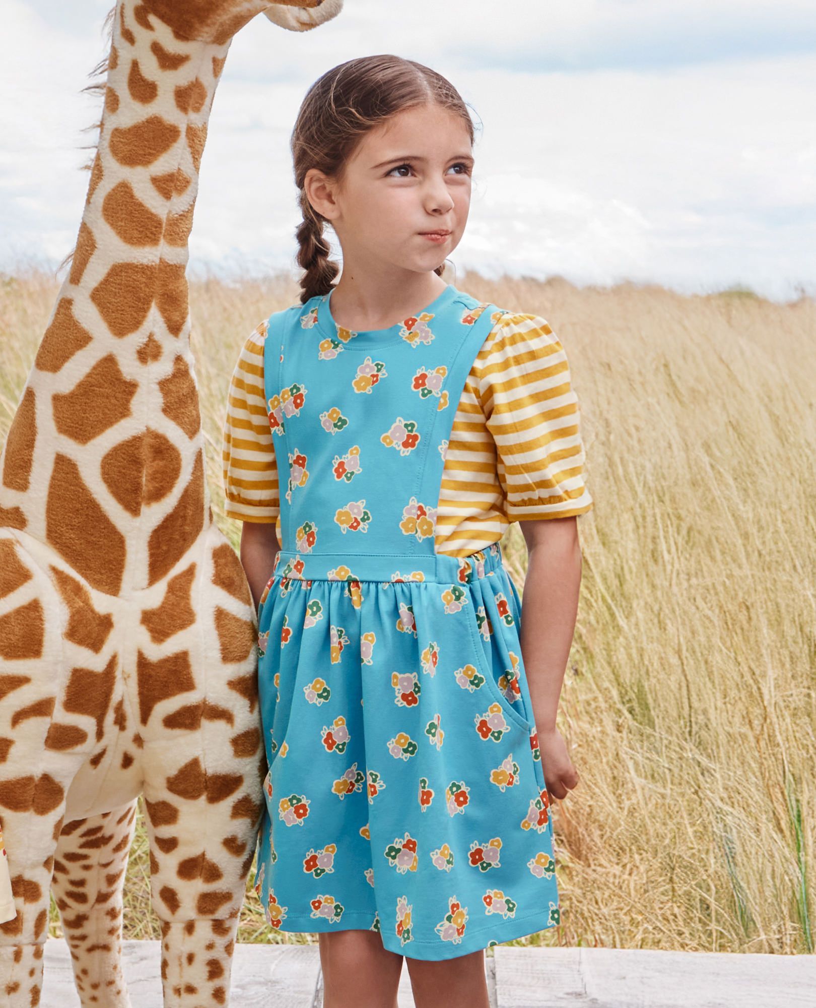 Balloon Sleeve T-Shirt & Pinafore Dress Set in Flower Bunch on Chalk Blue - main