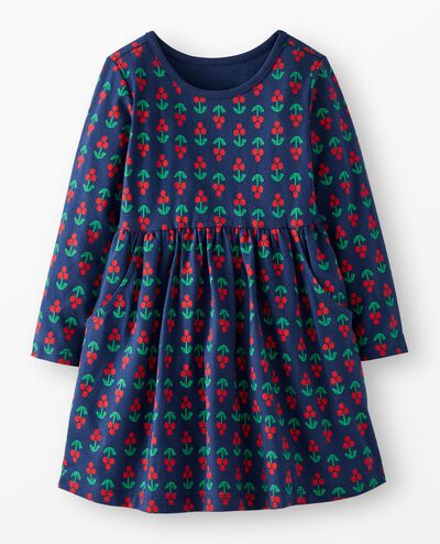 Long Sleeve Everywhere Dress with Pockets in Holly Berries on Midnight Blue - main