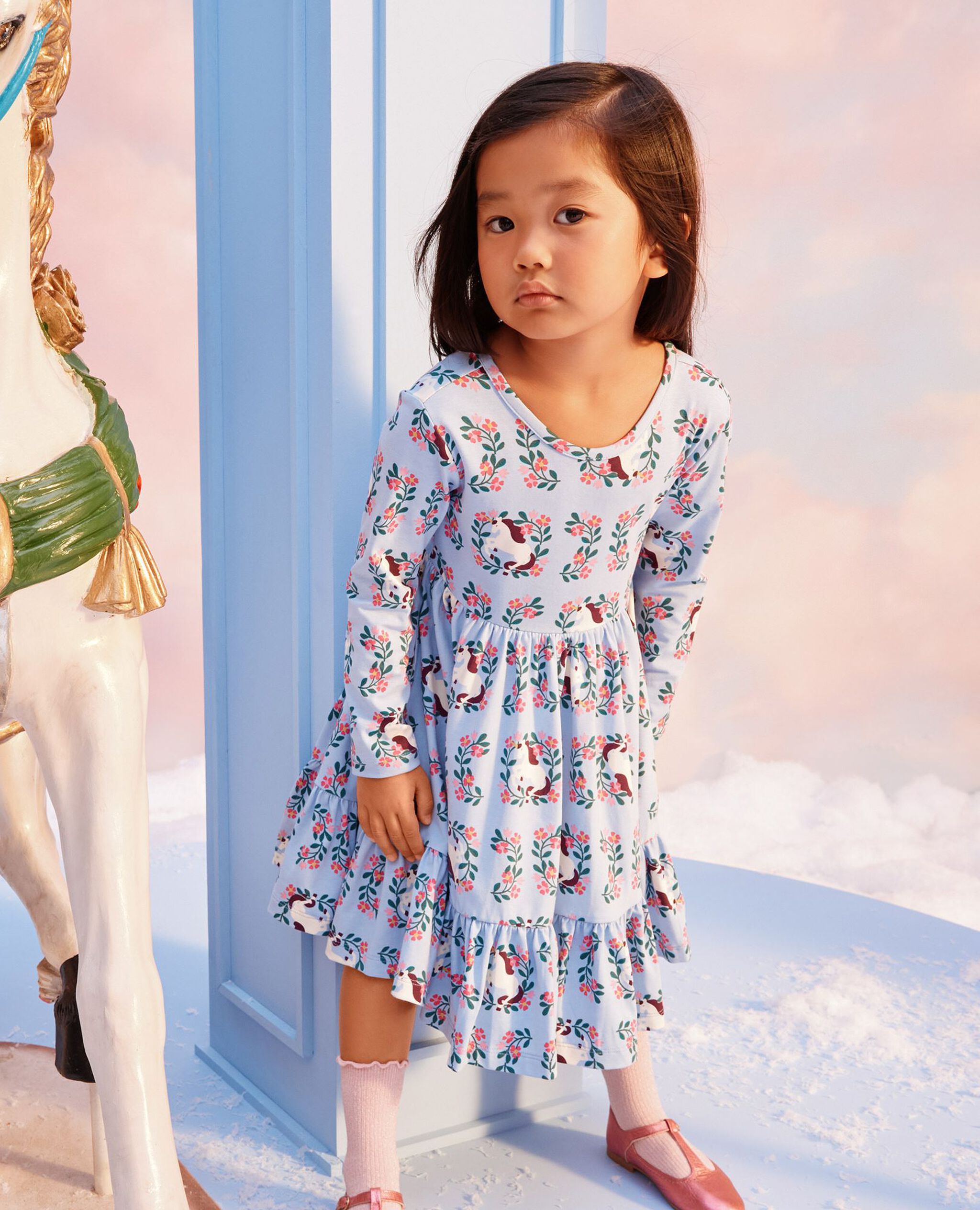 Long Sleeve Ruffle Skater Dress with Pockets in Magical Unicorn on Powder Blue - main