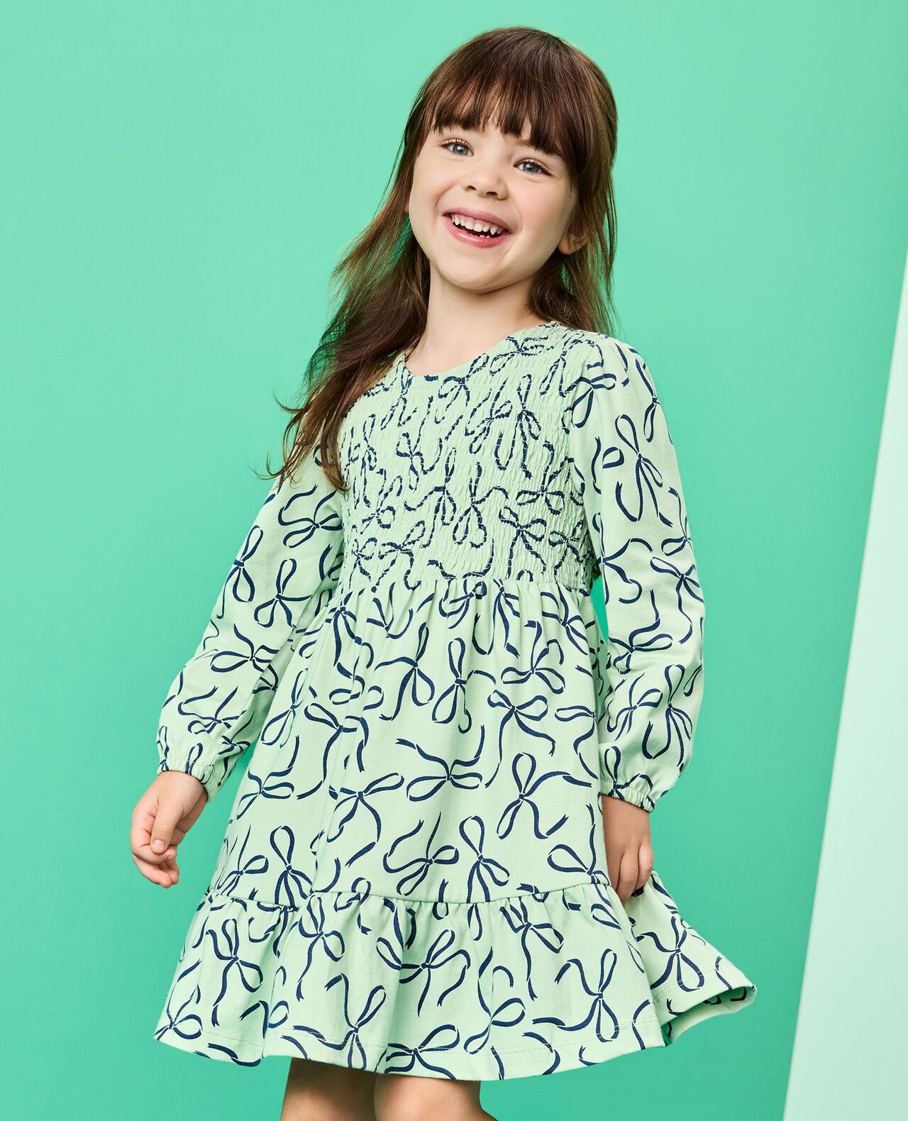 Long Sleeve Smocked Tiered Dress with Pockets in Bows on Mint Chip - main