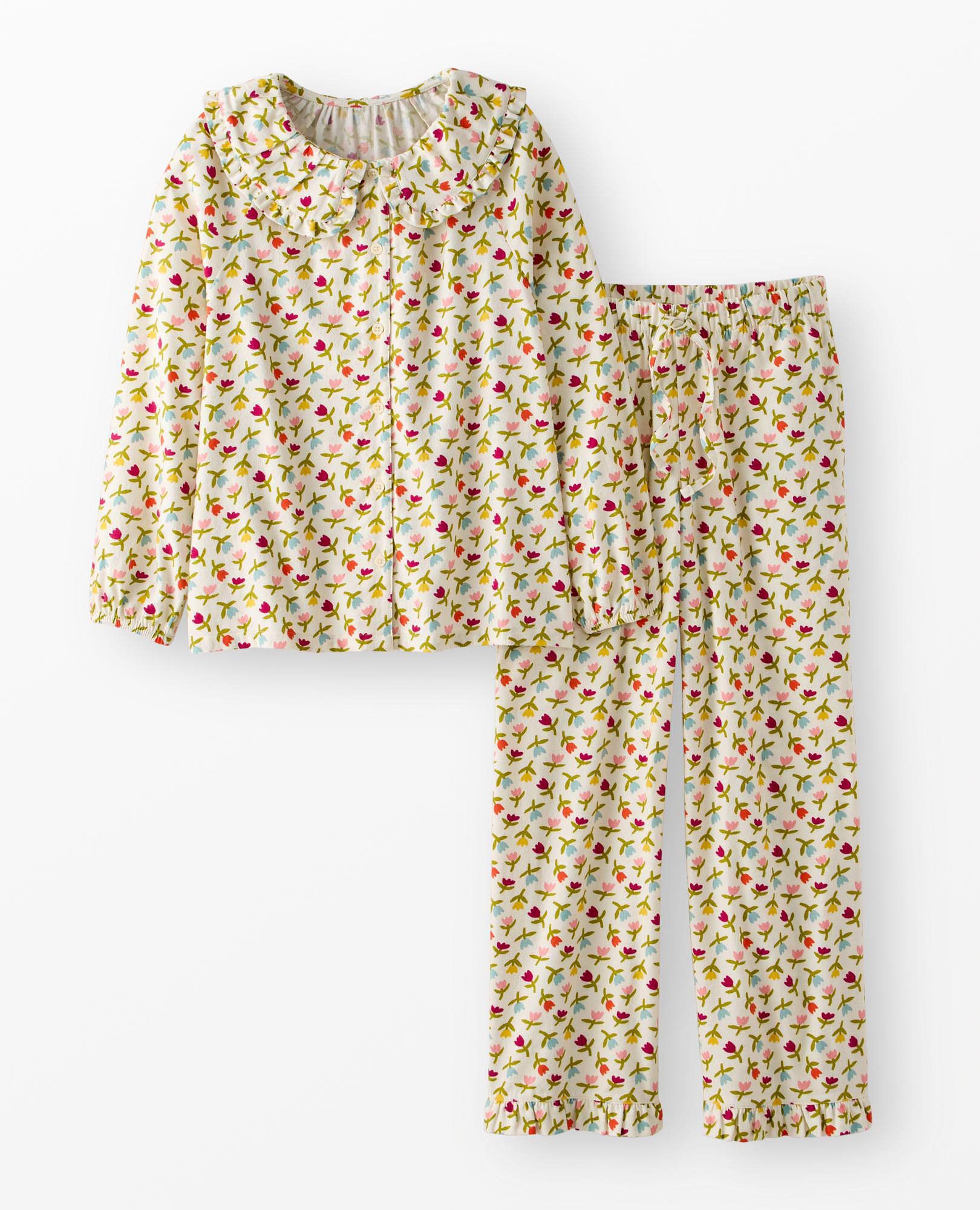 Women's Flannel Ruffle Pajama Set in Multicolor Tulips on Ecru - main