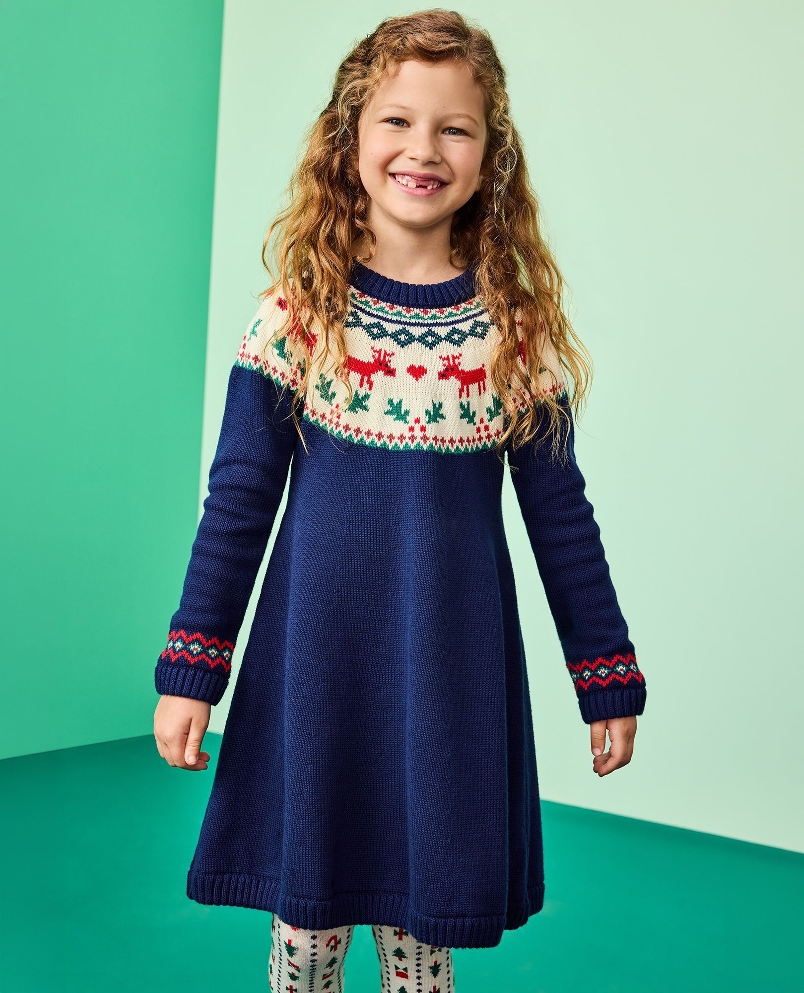 Holiday Dear Deer Sweater Dress in Dear Deer on Navy - main